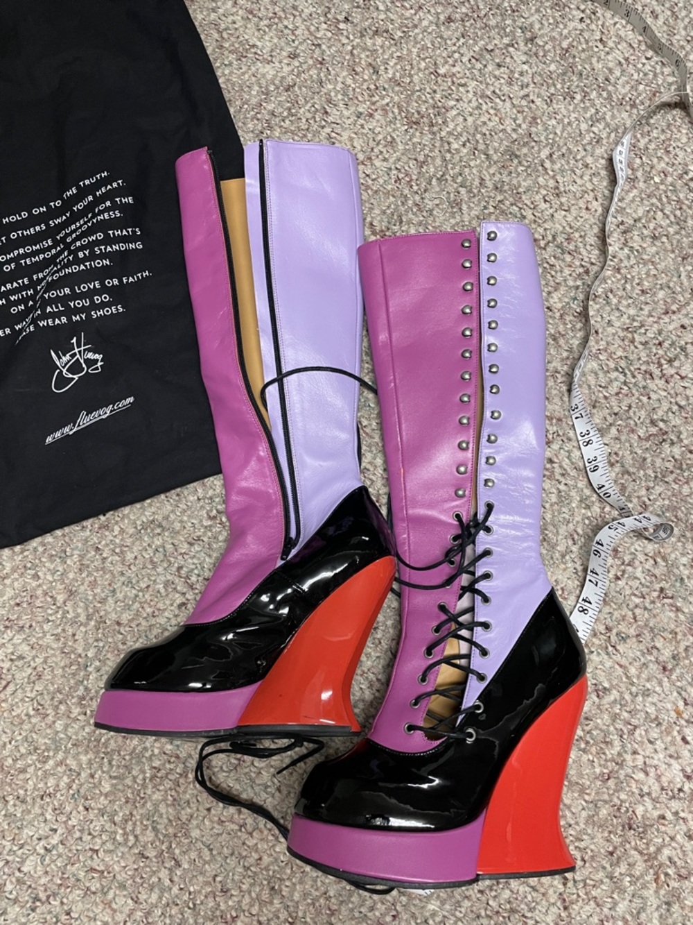 John fluevog grand national purple/Black Lace-Up Wedge Boots with Red Heel - Picture 11 of 11